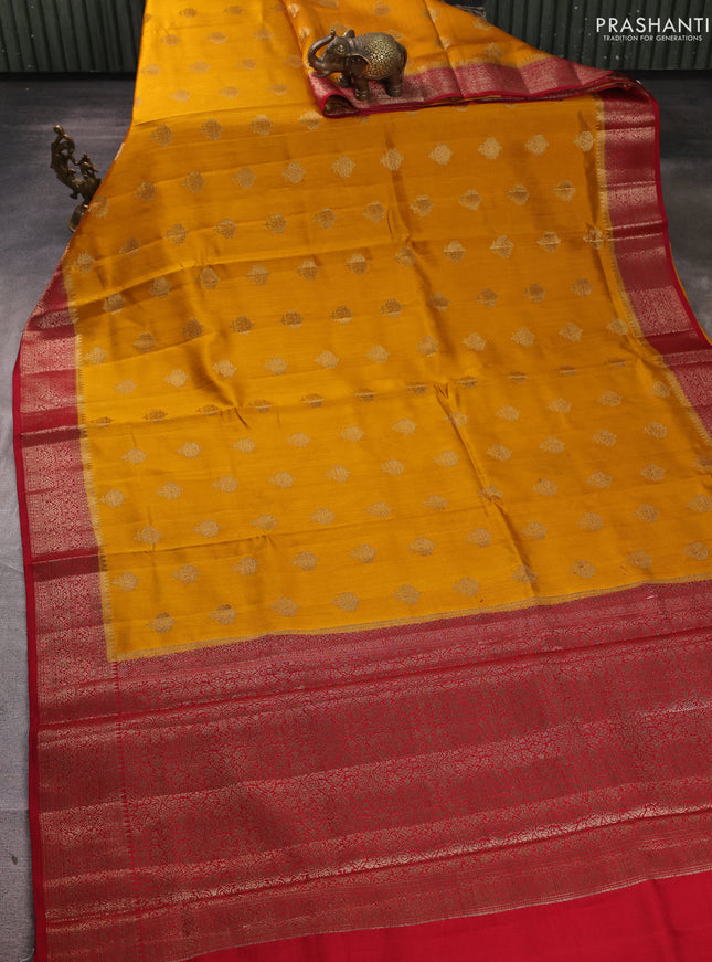 Chiniya silk saree mustard yellow and maroon with allover thread & zari woven buttas and woven border