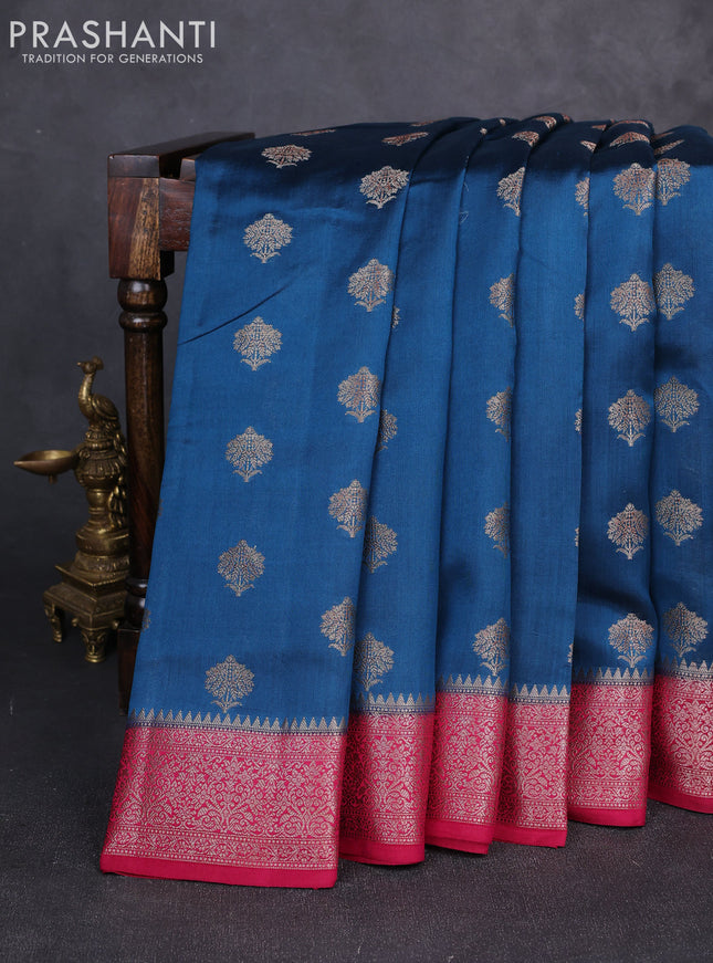 Chiniya silk saree peacock blue and magenta pink with allover thread & zari woven buttas and woven border