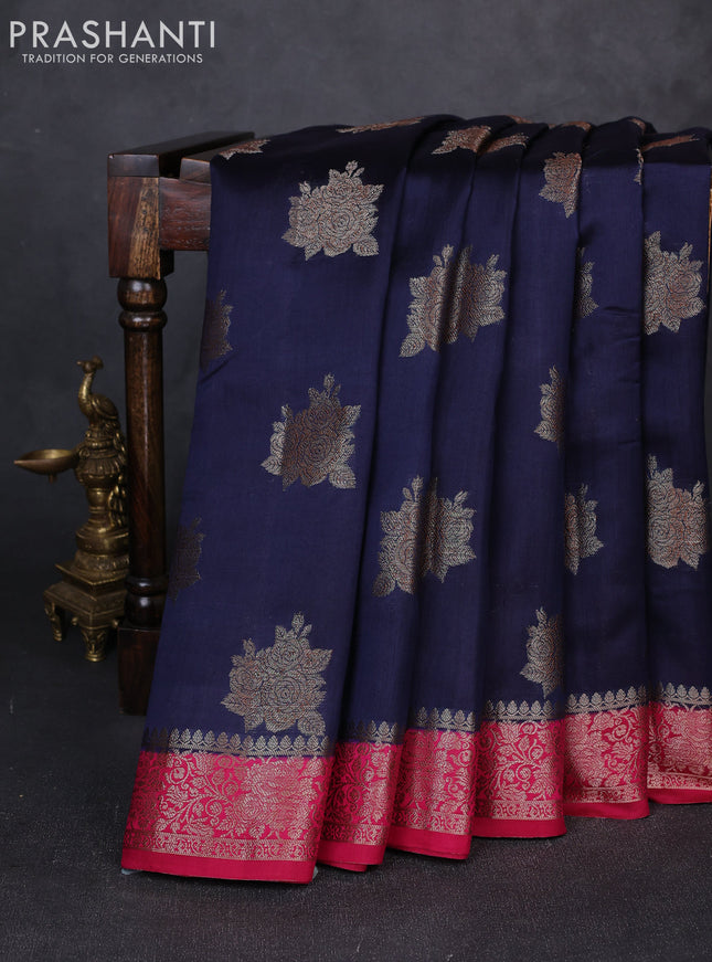 Chiniya silk saree navy blue and magenta pink with allover thread & zari woven buttas and woven border