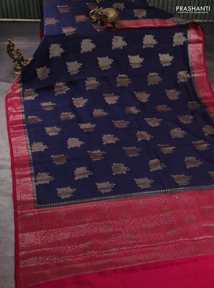 Chiniya silk saree navy blue and magenta pink with allover thread & zari woven buttas and woven border