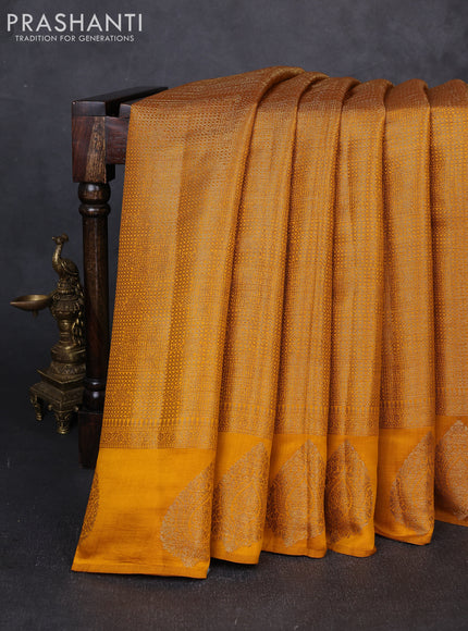 Chiniya silk saree mustard yellow with allover thread & zari brocade pattern and woven border