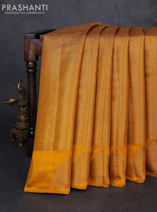 Chiniya silk saree mustard yellow with allover thread & zari brocade pattern and woven border