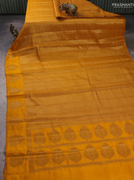 Chiniya silk saree mustard yellow with allover thread & zari brocade pattern and woven border