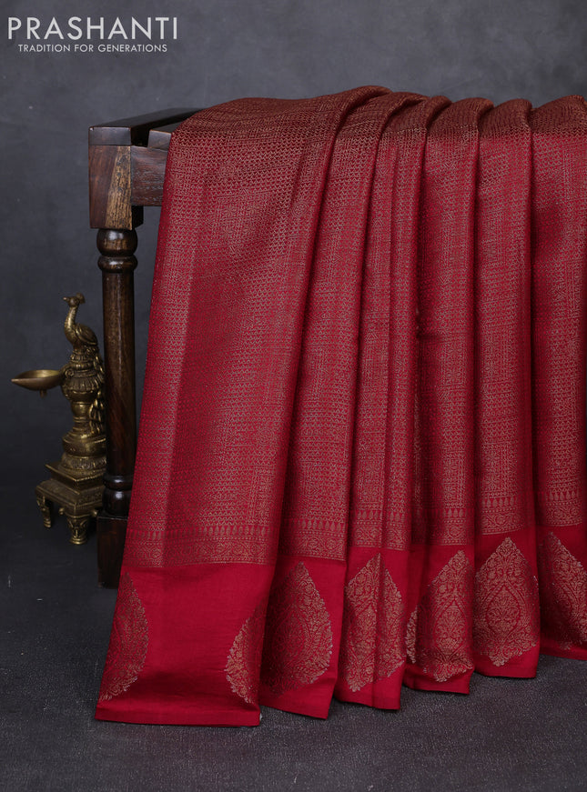 Chiniya silk saree deep maroon with allover thraed & zari brocade pattern and woven border