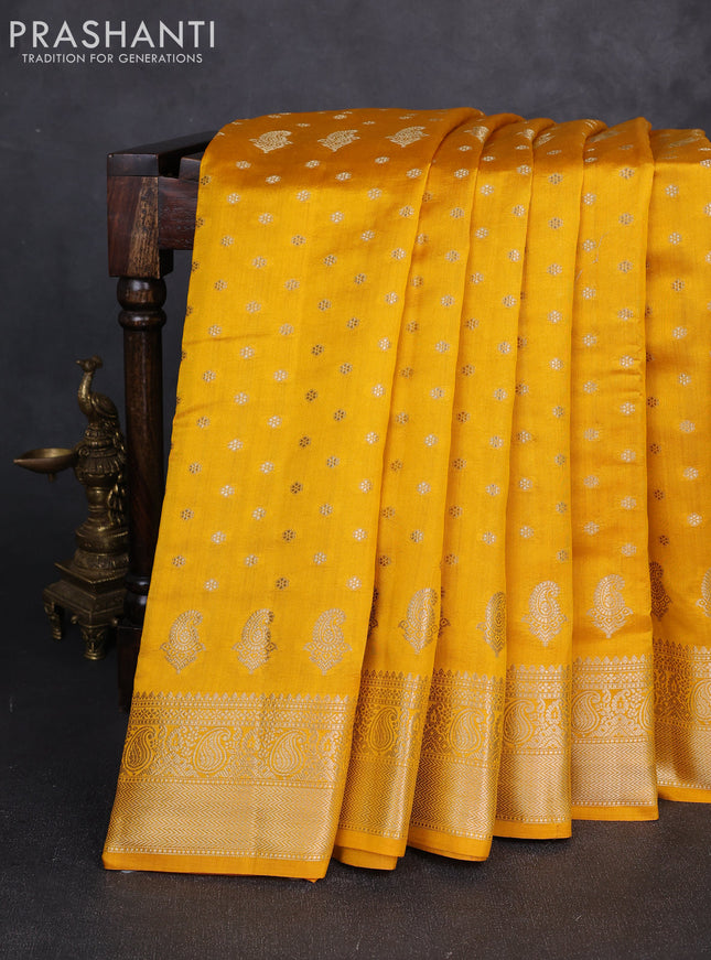 Chiniya silk saree mango yellow with allover thread & zari woven buttas and woven border