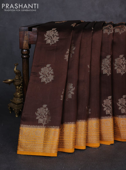 Chiniya silk saree coffee brown and mustard yelow with allover thread & zari woven buttas and woven border