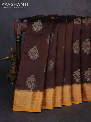 Chiniya silk saree coffee brown and mustard yelow with allover thread & zari woven buttas and woven border