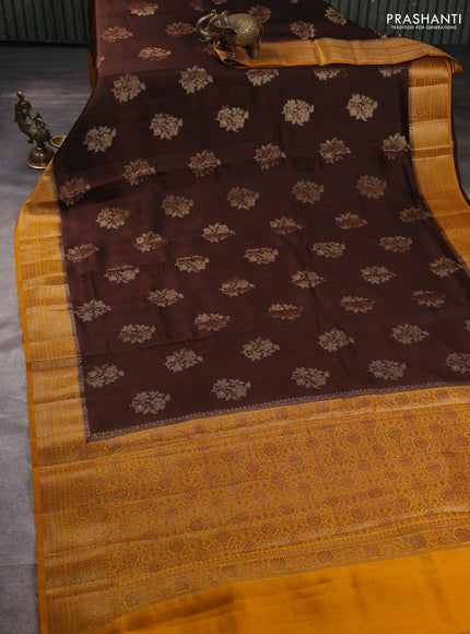 Chiniya silk saree coffee brown and mustard yelow with allover thread & zari woven buttas and woven border