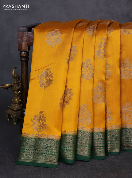 Chiniya silk saree mustard yellow and bottle green with allover thread & zari woven buttas and woven border