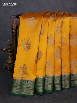 Chiniya silk saree mustard yellow and bottle green with allover thread & zari woven buttas and woven border
