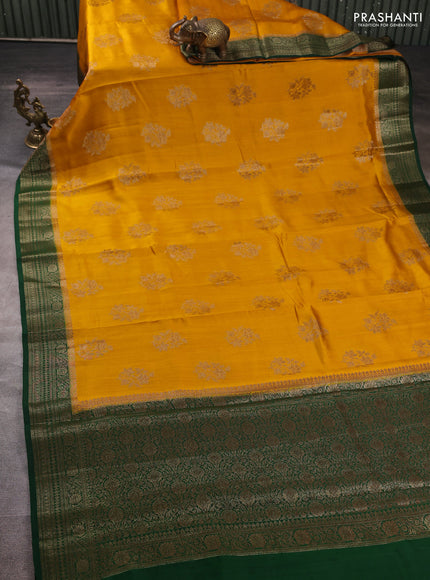 Chiniya silk saree mustard yellow and bottle green with allover thread & zari woven buttas and woven border