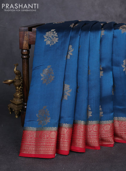 Chiniya silk saree peacock blue and maroon with allover thread & zari brocade pattern and woven butta border