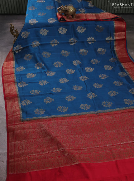 Chiniya silk saree peacock blue and maroon with allover thread & zari brocade pattern and woven butta border