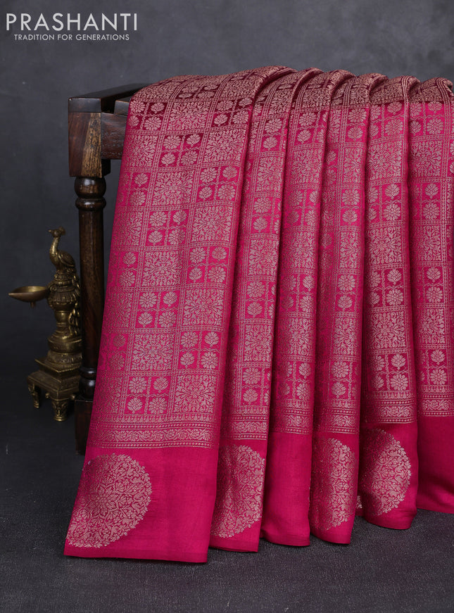 Chiniya silk saree pink with allover thread & zari brocade pattern and woven butta border