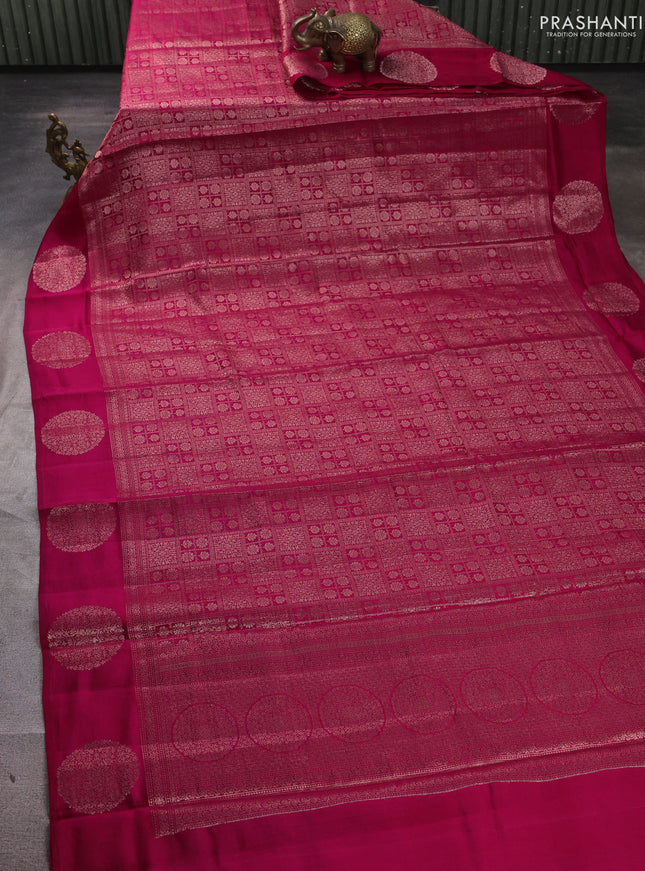 Chiniya silk saree pink with allover thread & zari brocade pattern and woven butta border