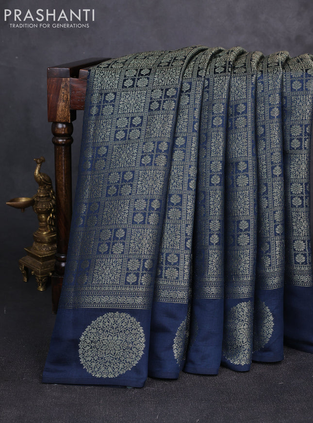 Chiniya silk saree peacock green with allover thread & zari brocade pattern and woven butta border