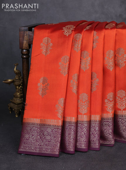 Chiniya silk saree rust shade and deep wine with allover thread & zari woven buttas and woven border