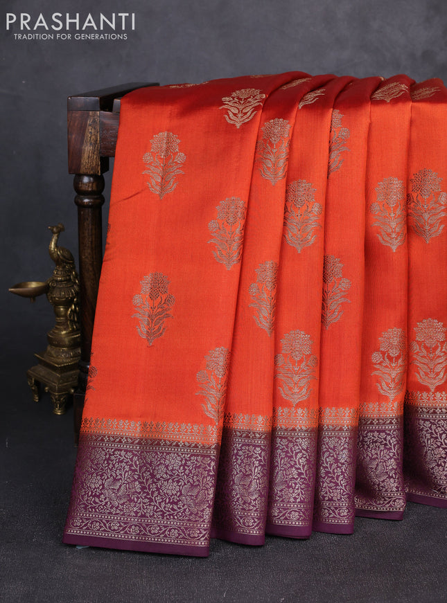 Chiniya silk saree rust shade and deep wine with allover thread & zari woven buttas and woven border