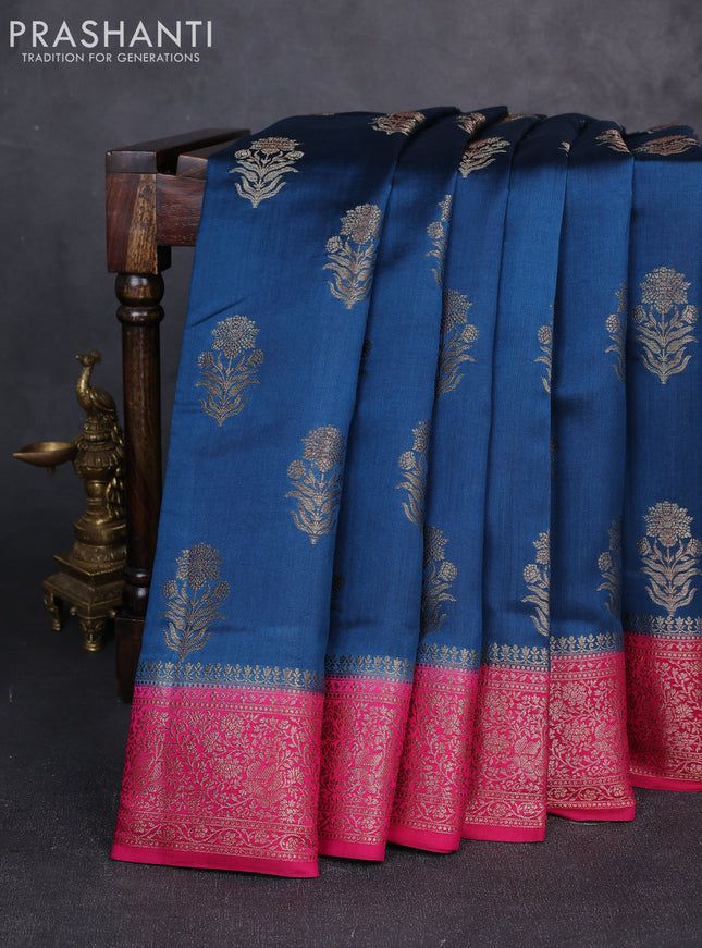 Chiniya silk saree peacock blue and magenta pink with allover thread & zari woven buttas and woven border