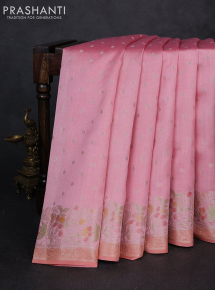 Chiniya silk saree patel pink and pale orange with allover thread & zari woven buttas and woven border