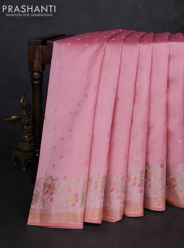 Chiniya silk saree patel pink and pale orange with allover thread & zari woven buttas and woven border