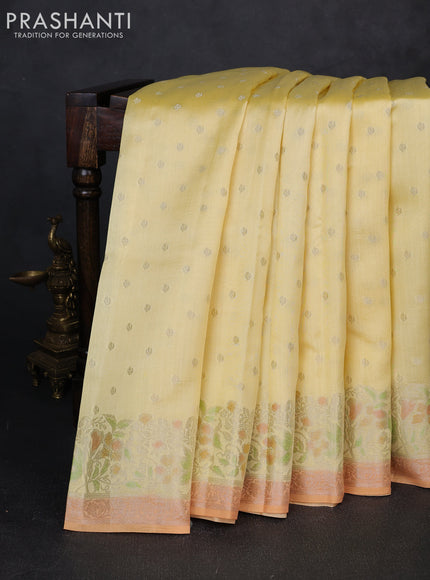 Chiniya silk saree pale yellow and orange with allover thread & zari woven buttas and woven border