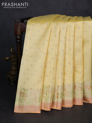 Chiniya silk saree pale yellow and orange with allover thread & zari woven buttas and woven border