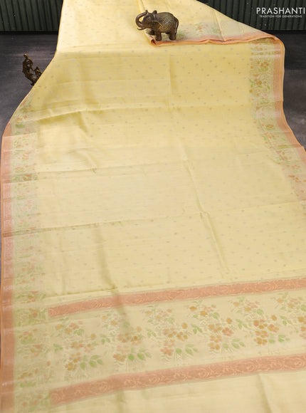 Chiniya silk saree pale yellow and orange with allover thread & zari woven buttas and woven border