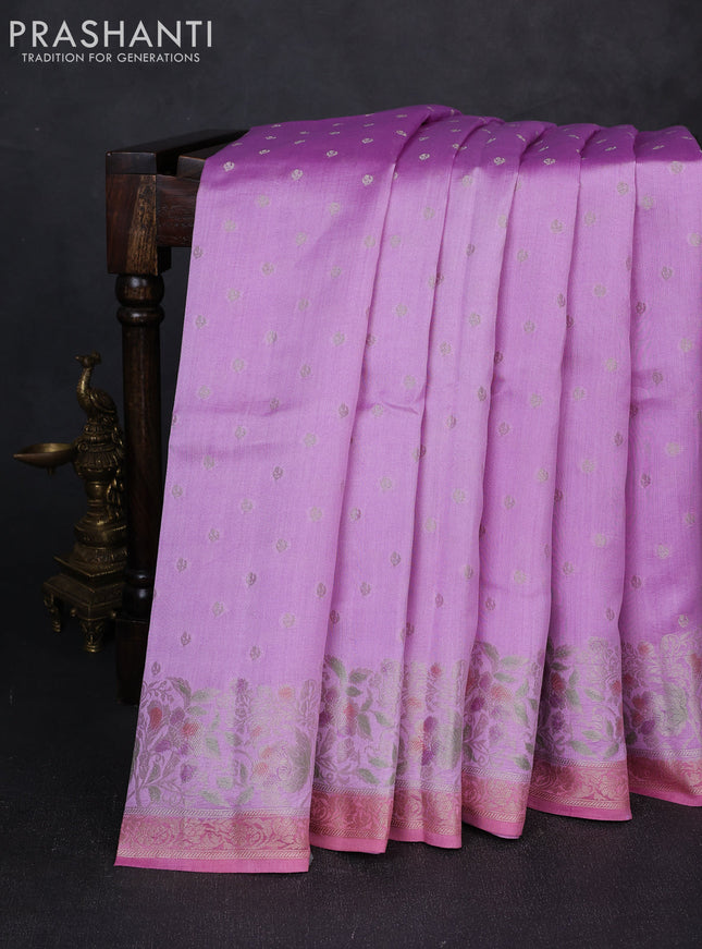 Chiniya silk saree lavender and peach pink with allover thread & zari woven buttas and woven border