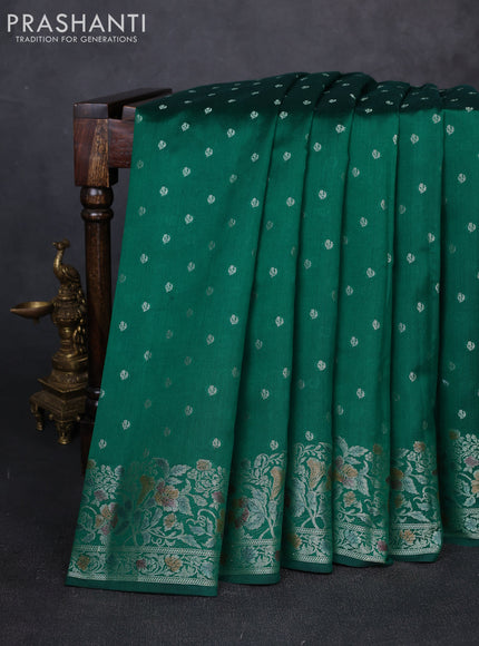 Chiniya silk saree green with allover thread & zari woven buttas and woven border