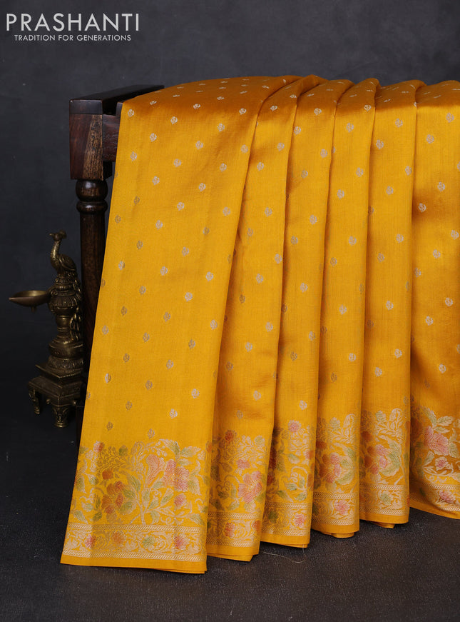 Chiniya silk saree mustard yellow with allover thread & zari woven buttas and woven border