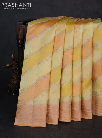 Chiniya silk saree pale yellow and orange with allover thread & zari weaves and zari woven border