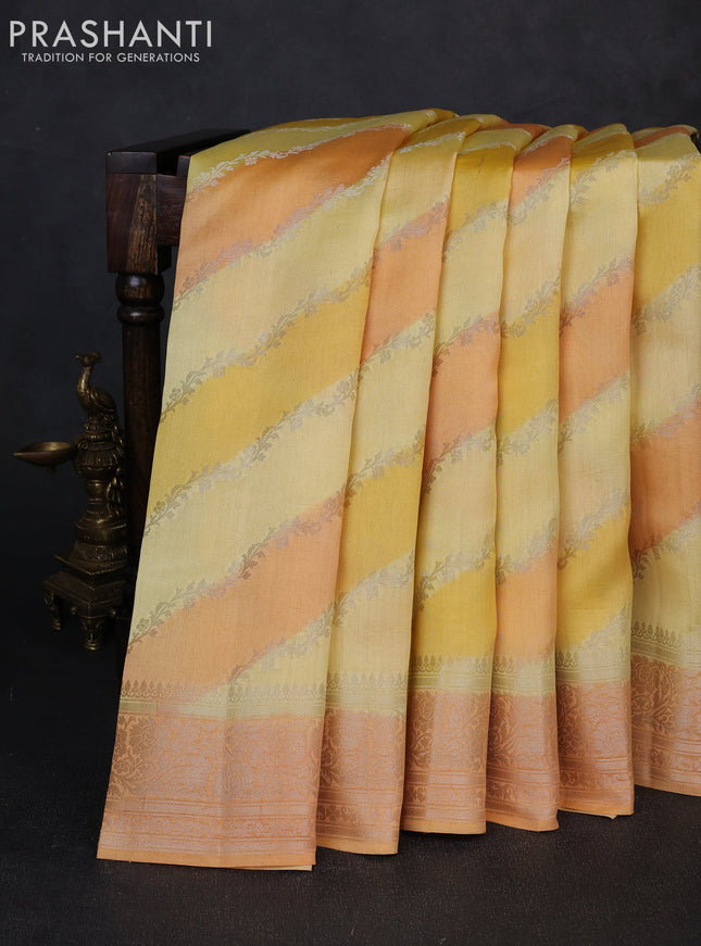 Chiniya silk saree pale yellow and orange with allover thread & zari weaves and zari woven border