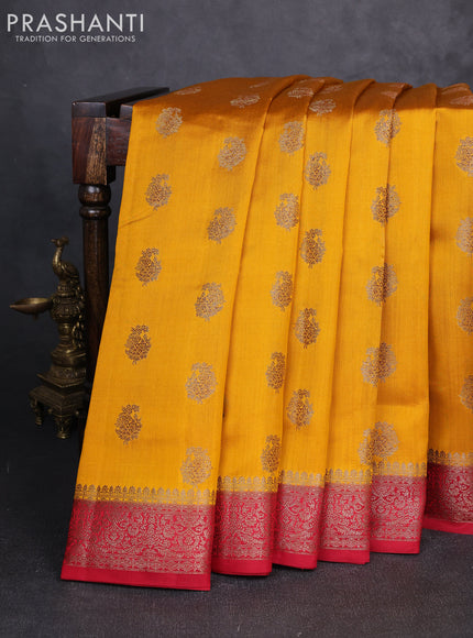 Chiniya silk saree mustard yellow and maroon with allover thread & zari weaves and woven border