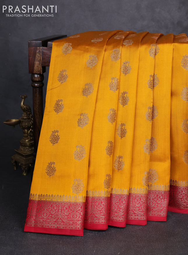 Chiniya silk saree mustard yellow and maroon with allover thread & zari weaves and woven border