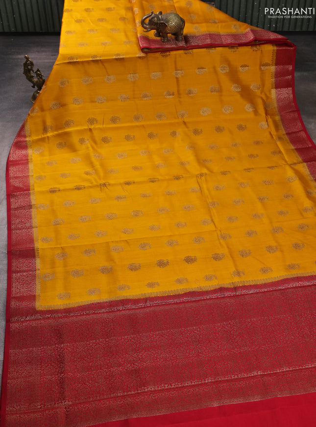 Chiniya silk saree mustard yellow and maroon with allover thread & zari weaves and woven border