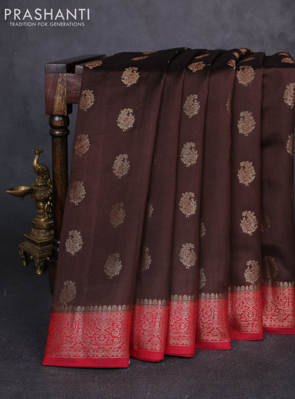 Chiniya silk saree coffee brown and maroon with allover thread & zari weaves and woven border