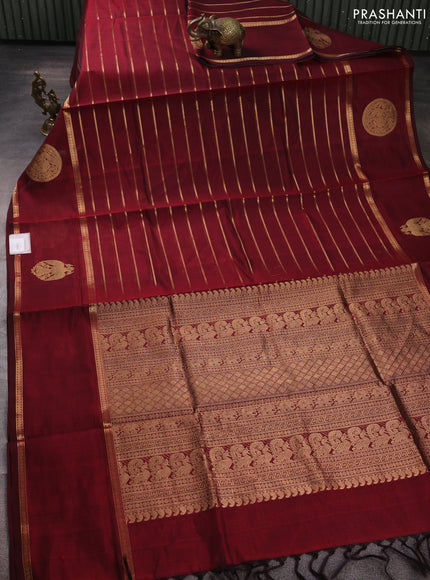Kanchipuram silk cotton saree maroon with allover veldhari weaves and long rettapet zari woven butta border