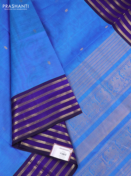 Kanchipuram silk cotton saree blue and deep violet with zari woven buttas and long zari woven border
