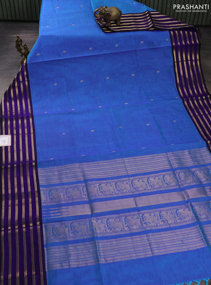 Kanchipuram silk cotton saree blue and deep violet with zari woven buttas and long zari woven border