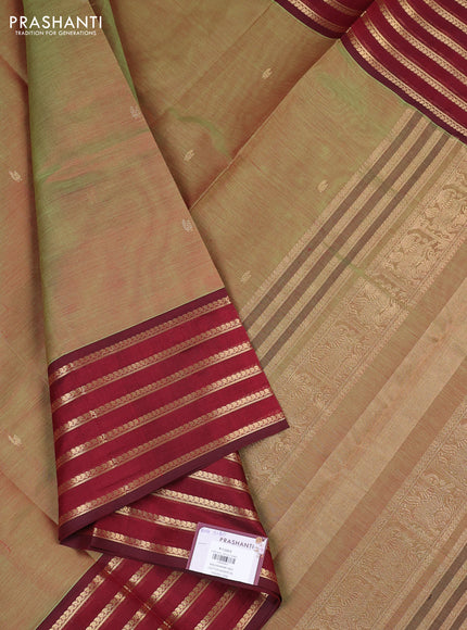 Kanchipuram silk cotton saree manthulir green and maroon with zari woven buttas and long zari woven border