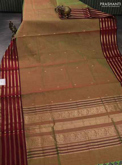 Kanchipuram silk cotton saree manthulir green and maroon with zari woven buttas and long zari woven border