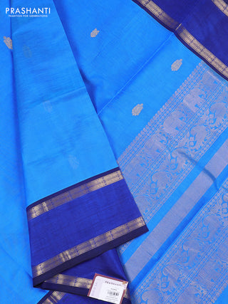 Kanchipuram silk cotton saree blue and navy blue with zari woven buttas and rettapet zari woven border