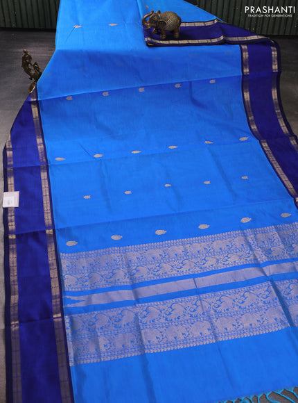 Kanchipuram silk cotton saree blue and navy blue with zari woven buttas and rettapet zari woven border