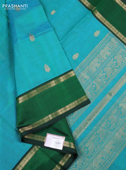 Kanchipuram silk cotton saree teal green and bottle green with zari woven buttas and rettapet zari woven border