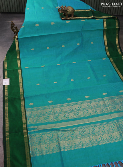 Kanchipuram silk cotton saree teal green and bottle green with zari woven buttas and rettapet zari woven border