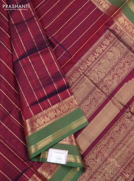 Kanchipuram silk cotton saree maroon and green with allover zari stripe pattern and rettapet zari woven border