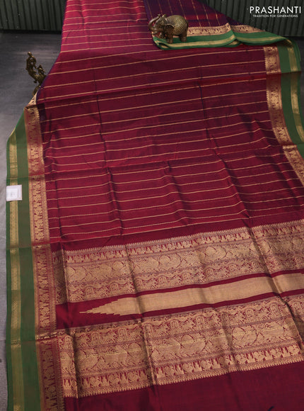 Kanchipuram silk cotton saree maroon and green with allover zari stripe pattern and rettapet zari woven border