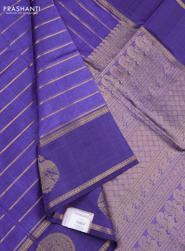 Kanchipuram silk cotton saree blue with allover veldhari weaves and long rettapet zari woven butta border