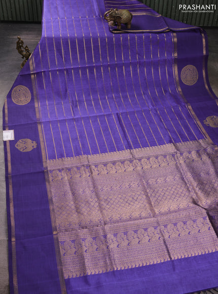 Kanchipuram silk cotton saree blue with allover veldhari weaves and long rettapet zari woven butta border